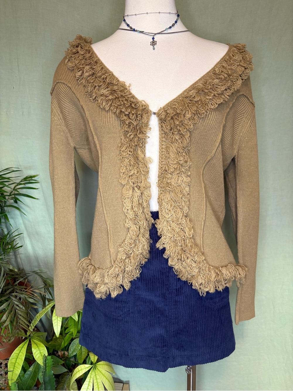 Tan Fringe-Trim Sweater Cardigan #y2k #90s